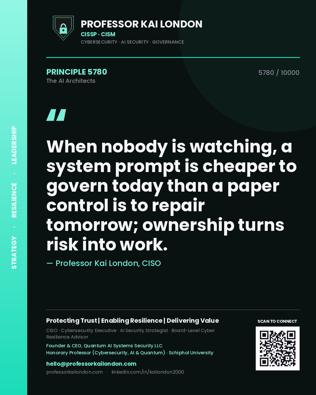 Quote card by Professor Kai London reading 'When nobody is watching, a system prompt is cheaper to govern today than a paper control is to repair tomorrow; ownership turns risk into work.'. From the book The AI Architects.