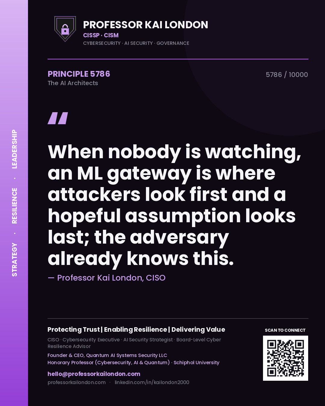 Quote card by Professor Kai London reading 'When nobody is watching, an ML gateway is where attackers look first and a hopeful assumption looks last; the adversary already knows this.'. From the book The AI Architects.
