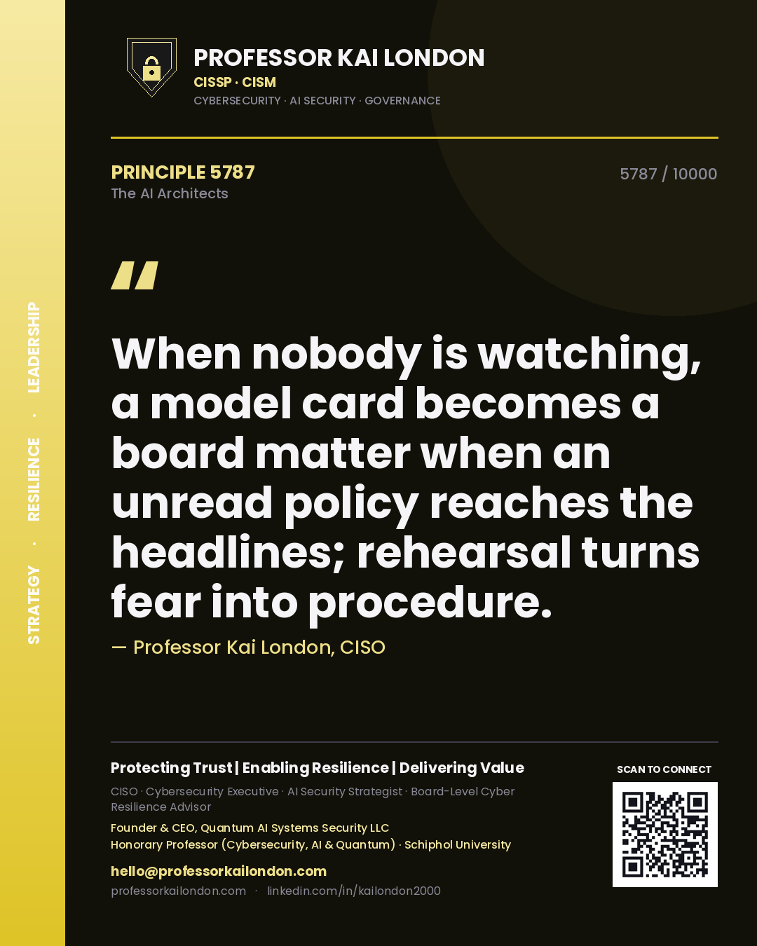 Quote card by Professor Kai London reading 'When nobody is watching, a model card becomes a board matter when an unread policy reaches the headlines; rehearsal turns fear into procedure.'. From the book The AI Architects.