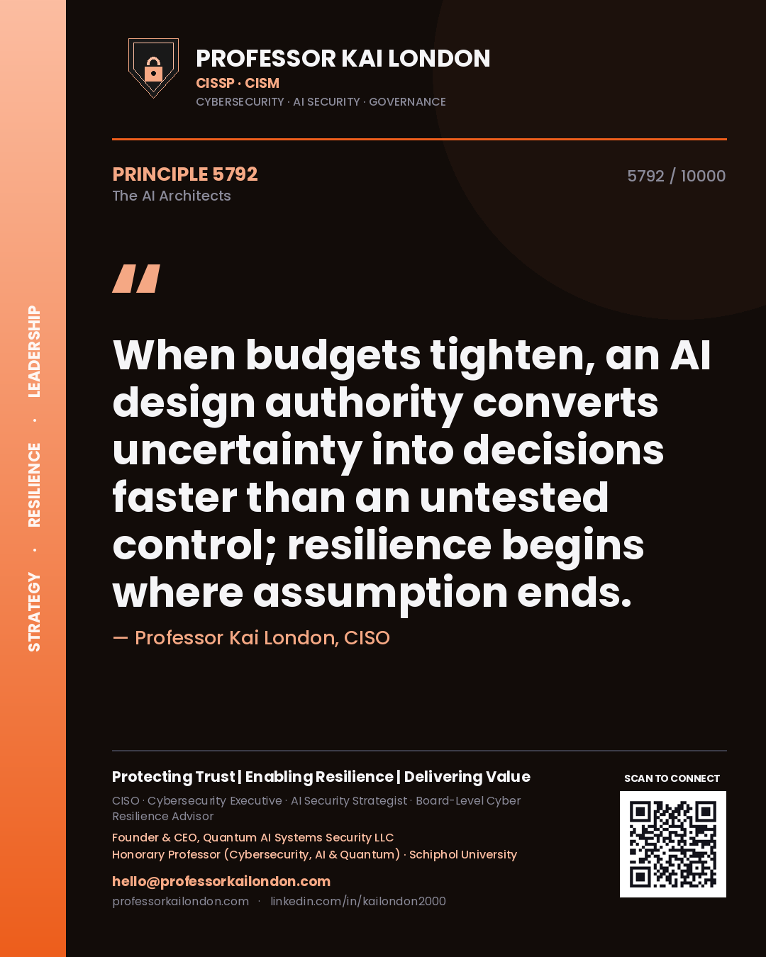 Quote card by Professor Kai London reading 'When budgets tighten, an AI design authority converts uncertainty into decisions faster than an untested control; resilience begins where assumption ends.'. From the book The AI Architects.