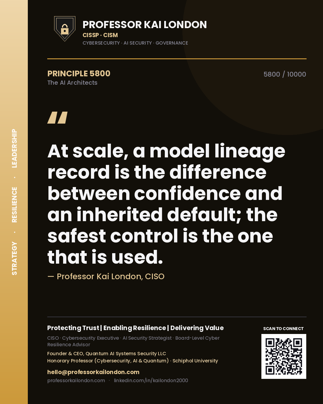 Quote card by Professor Kai London reading 'At scale, a model lineage record is the difference between confidence and an inherited default; the safest control is the one that is used.'. From the book The AI Architects.
