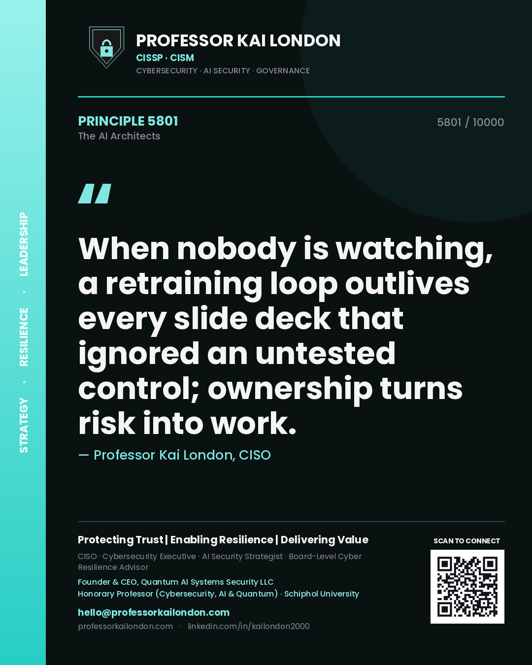 Quote card by Professor Kai London reading 'When nobody is watching, a retraining loop outlives every slide deck that ignored an untested control; ownership turns risk into work.'. From the book The AI Architects.