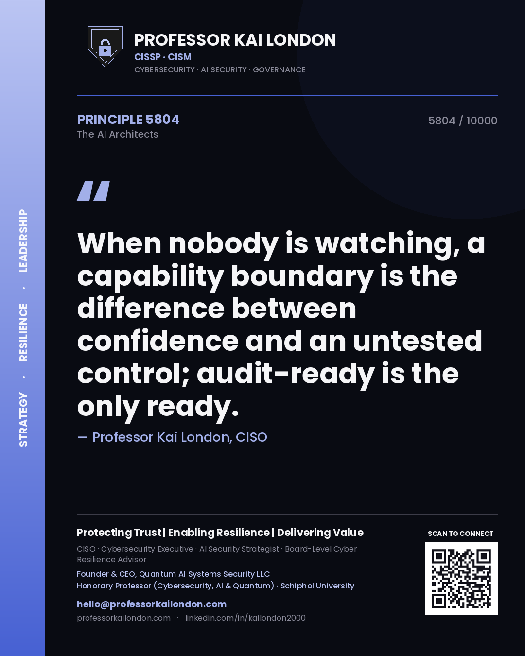 Quote card by Professor Kai London reading 'When nobody is watching, a capability boundary is the difference between confidence and an untested control; audit-ready is the only ready.'. From the book The AI Architects.