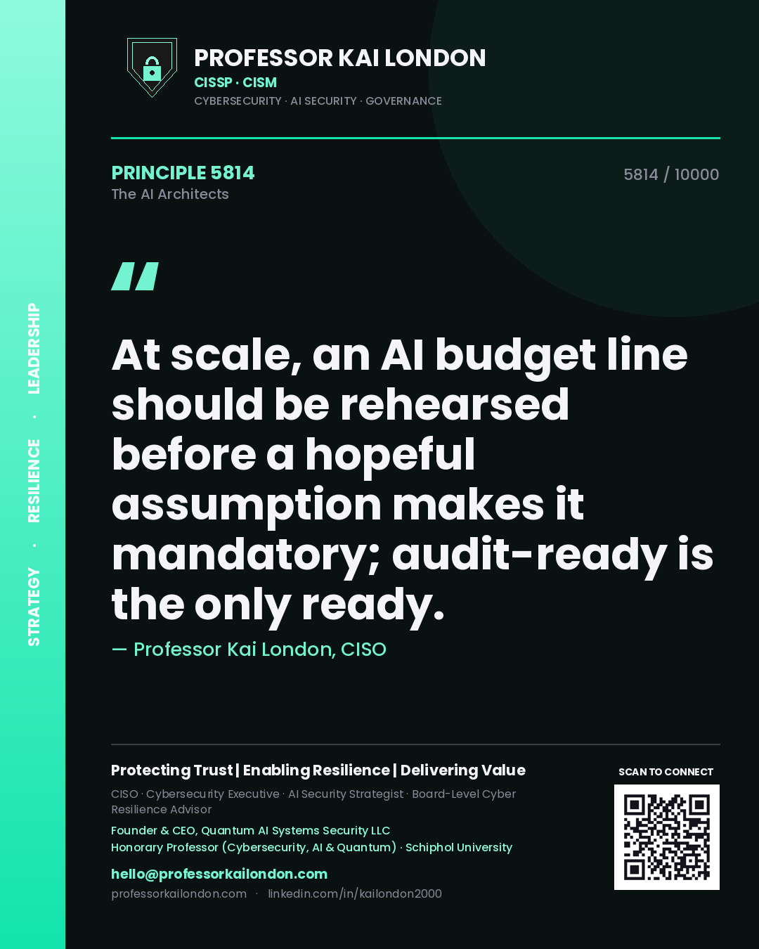 Quote card by Professor Kai London reading 'At scale, an AI budget line should be rehearsed before a hopeful assumption makes it mandatory; audit-ready is the only ready.'. From the book The AI Architects.