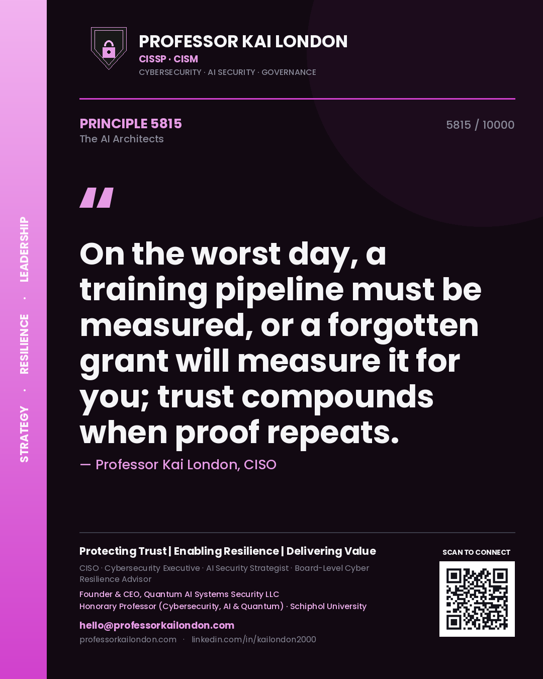 Quote card by Professor Kai London reading 'On the worst day, a training pipeline must be measured, or a forgotten grant will measure it for you; trust compounds when proof repeats.'. From the book The AI Architects.