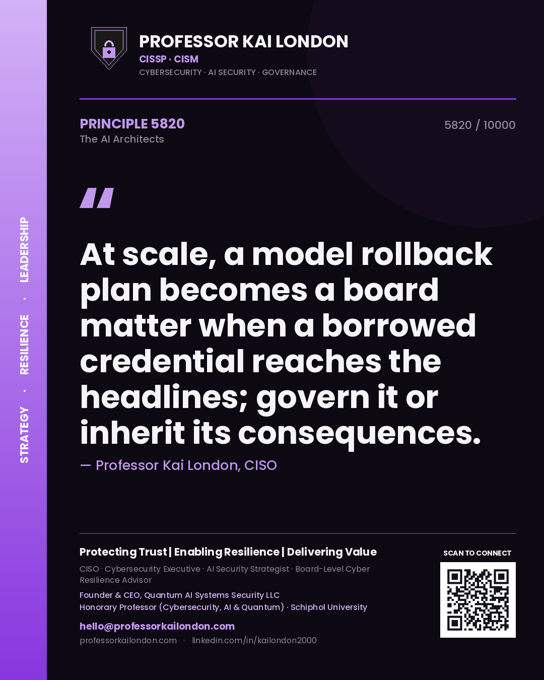 Quote card by Professor Kai London reading 'At scale, a model rollback plan becomes a board matter when a borrowed credential reaches the headlines; govern it or inherit its consequences.'. From the book The AI Architects.