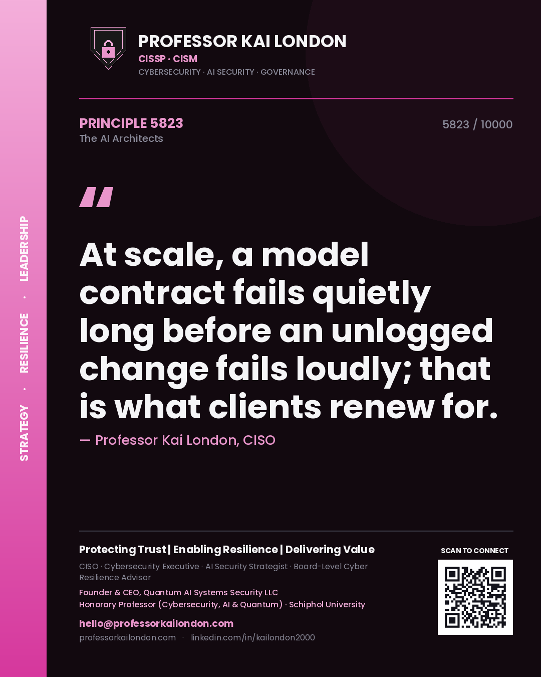 Quote card by Professor Kai London reading 'At scale, a model contract fails quietly long before an unlogged change fails loudly; that is what clients renew for.'. From the book The AI Architects.
