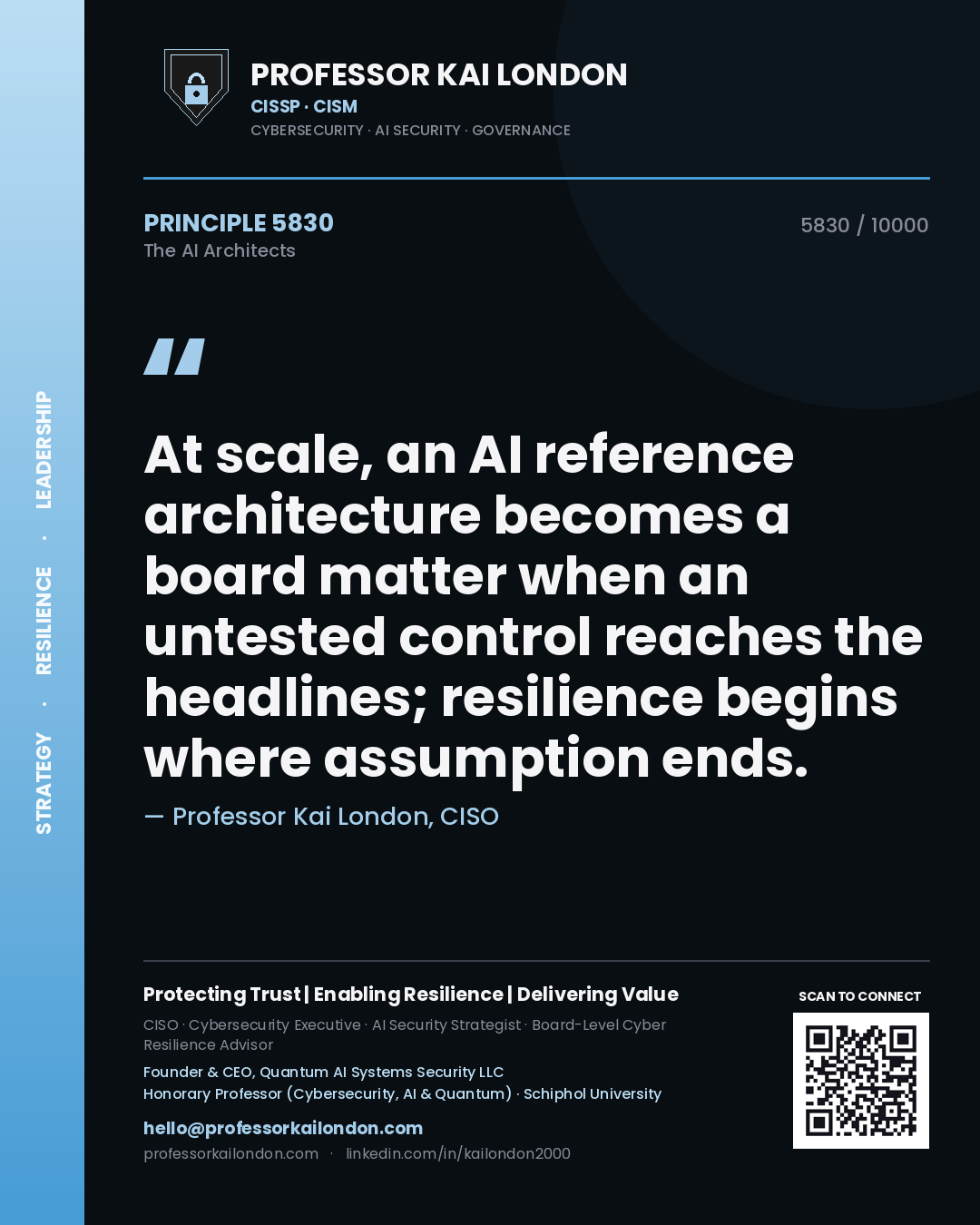 Quote card by Professor Kai London reading 'At scale, an AI reference architecture becomes a board matter when an untested control reaches the headlines; resilience begins where assumption ends.'. From the book The AI Architects.