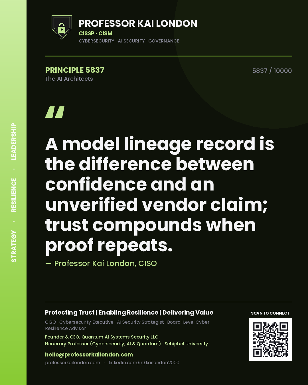 Quote card by Professor Kai London reading 'A model lineage record is the difference between confidence and an unverified vendor claim; trust compounds when proof repeats.'. From the book The AI Architects.