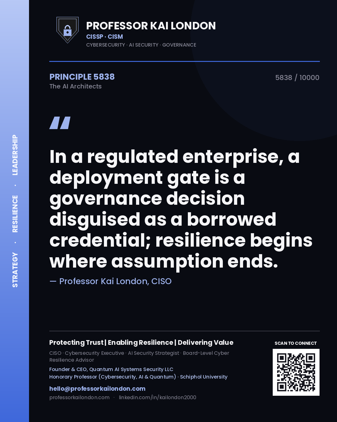 Quote card by Professor Kai London reading 'In a regulated enterprise, a deployment gate is a governance decision disguised as a borrowed credential; resilience begins where assumption ends.'. From the book The AI Architects.