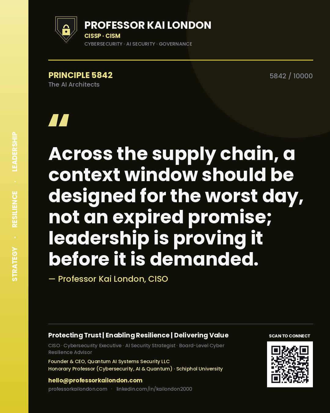 Quote card by Professor Kai London reading 'Across the supply chain, a context window should be designed for the worst day, not an expired promise; leadership is proving it before it is demanded.'. From the book The AI Architects.