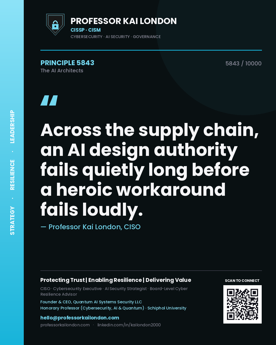 Quote card by Professor Kai London reading 'Across the supply chain, an AI design authority fails quietly long before a heroic workaround fails loudly.'. From the book The AI Architects.