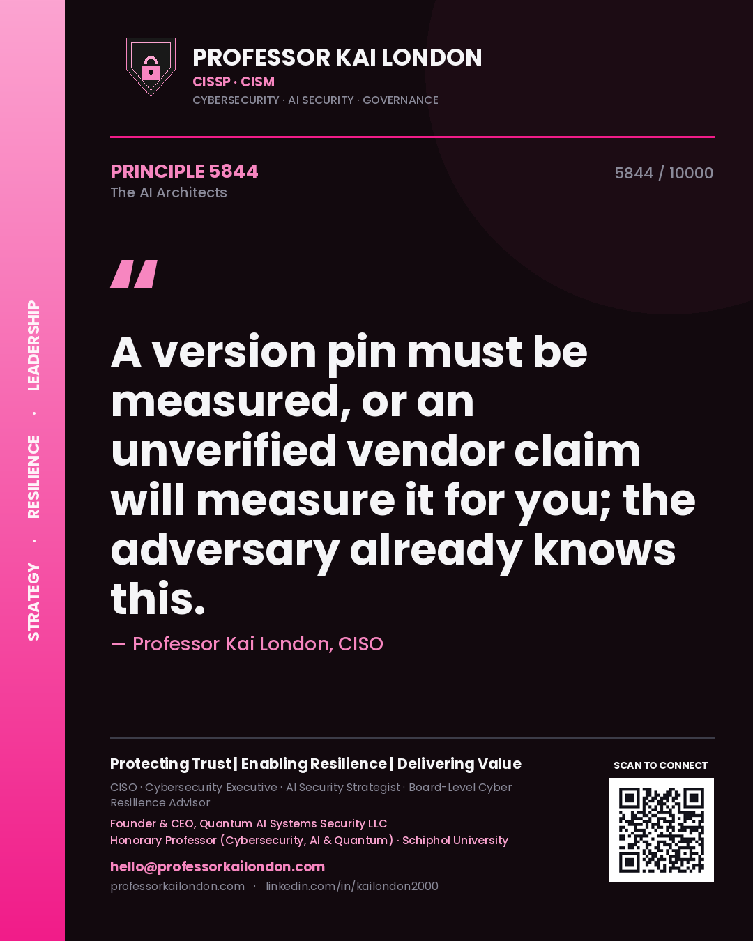 Quote card by Professor Kai London reading 'A version pin must be measured, or an unverified vendor claim will measure it for you; the adversary already knows this.'. From the book The AI Architects.
