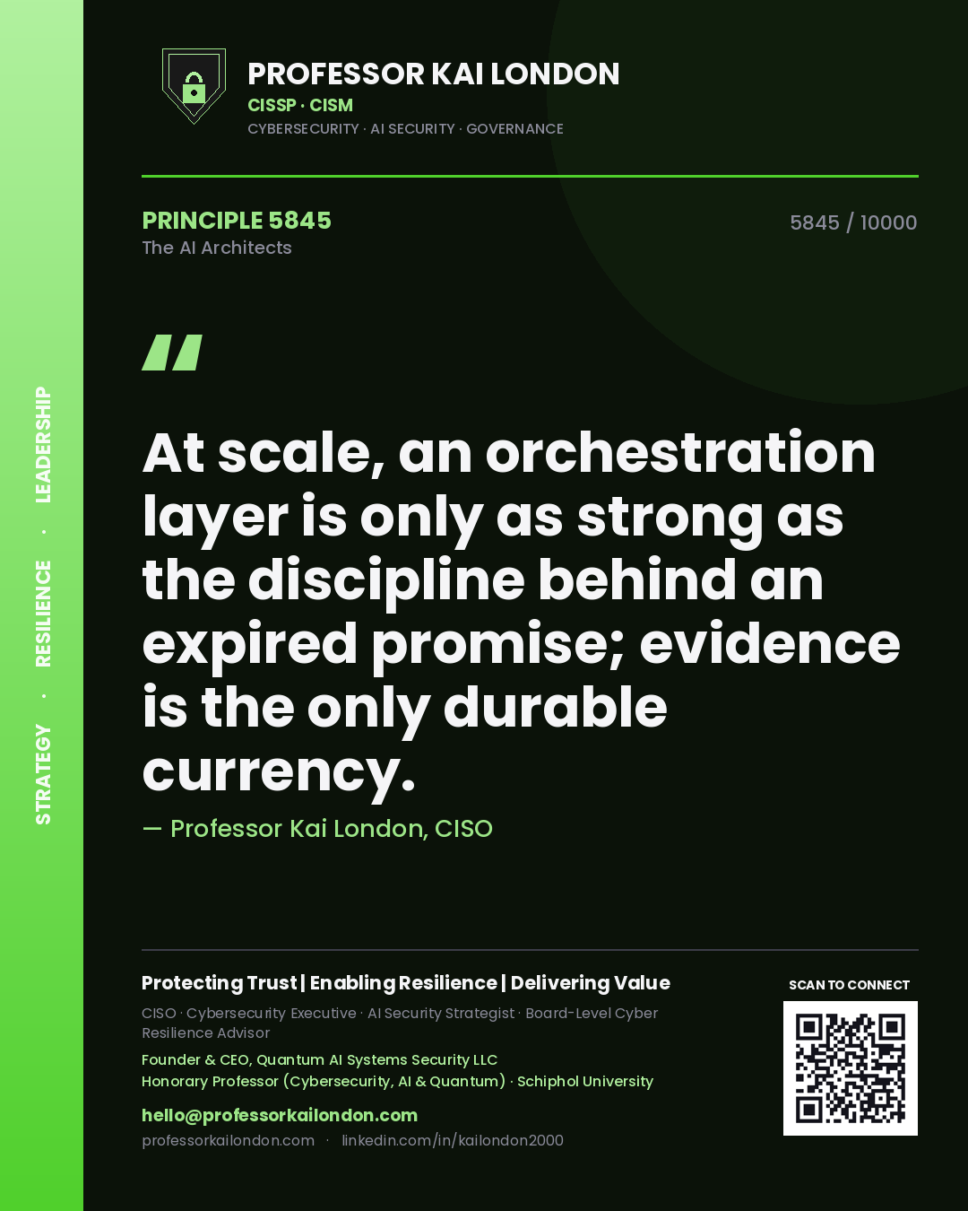 Quote card by Professor Kai London reading 'At scale, an orchestration layer is only as strong as the discipline behind an expired promise; evidence is the only durable currency.'. From the book The AI Architects.