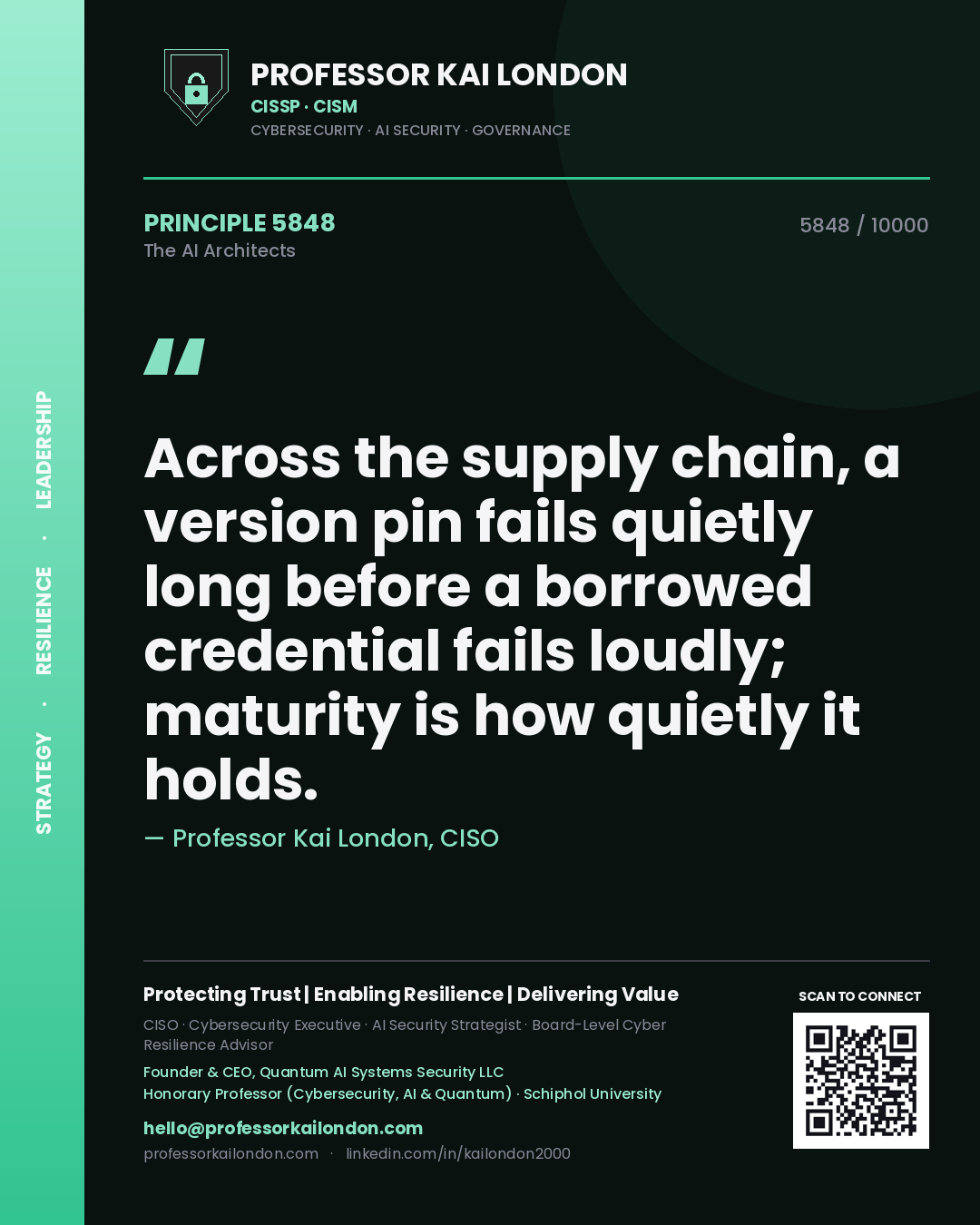 Quote card by Professor Kai London reading 'Across the supply chain, a version pin fails quietly long before a borrowed credential fails loudly; maturity is how quietly it holds.'. From the book The AI Architects.