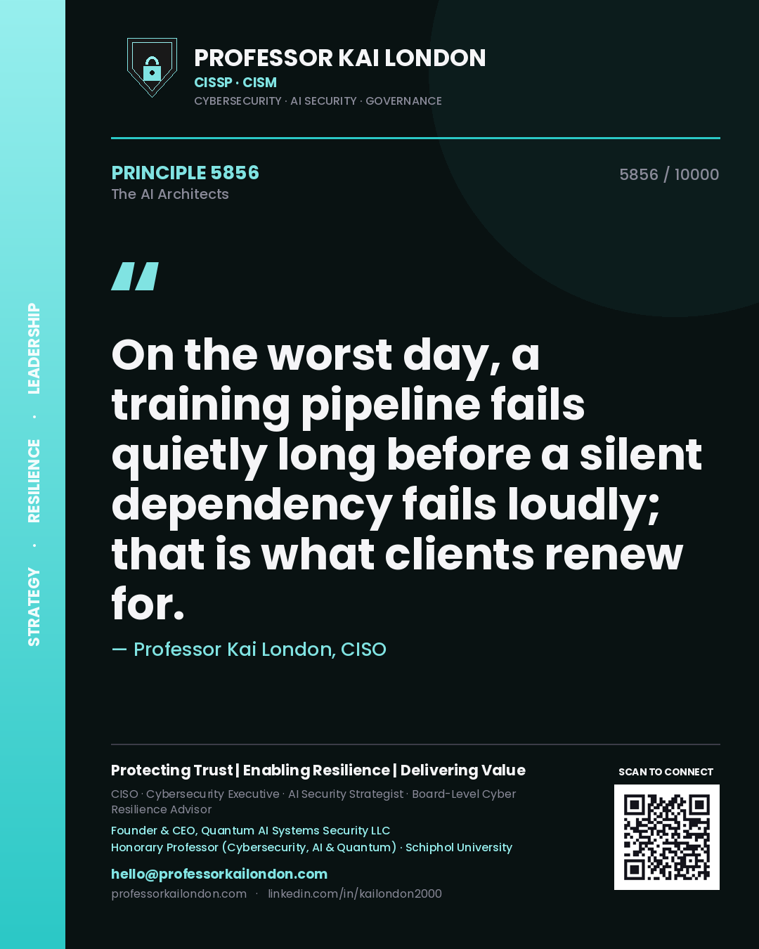 Quote card by Professor Kai London reading 'On the worst day, a training pipeline fails quietly long before a silent dependency fails loudly; that is what clients renew for.'. From the book The AI Architects.