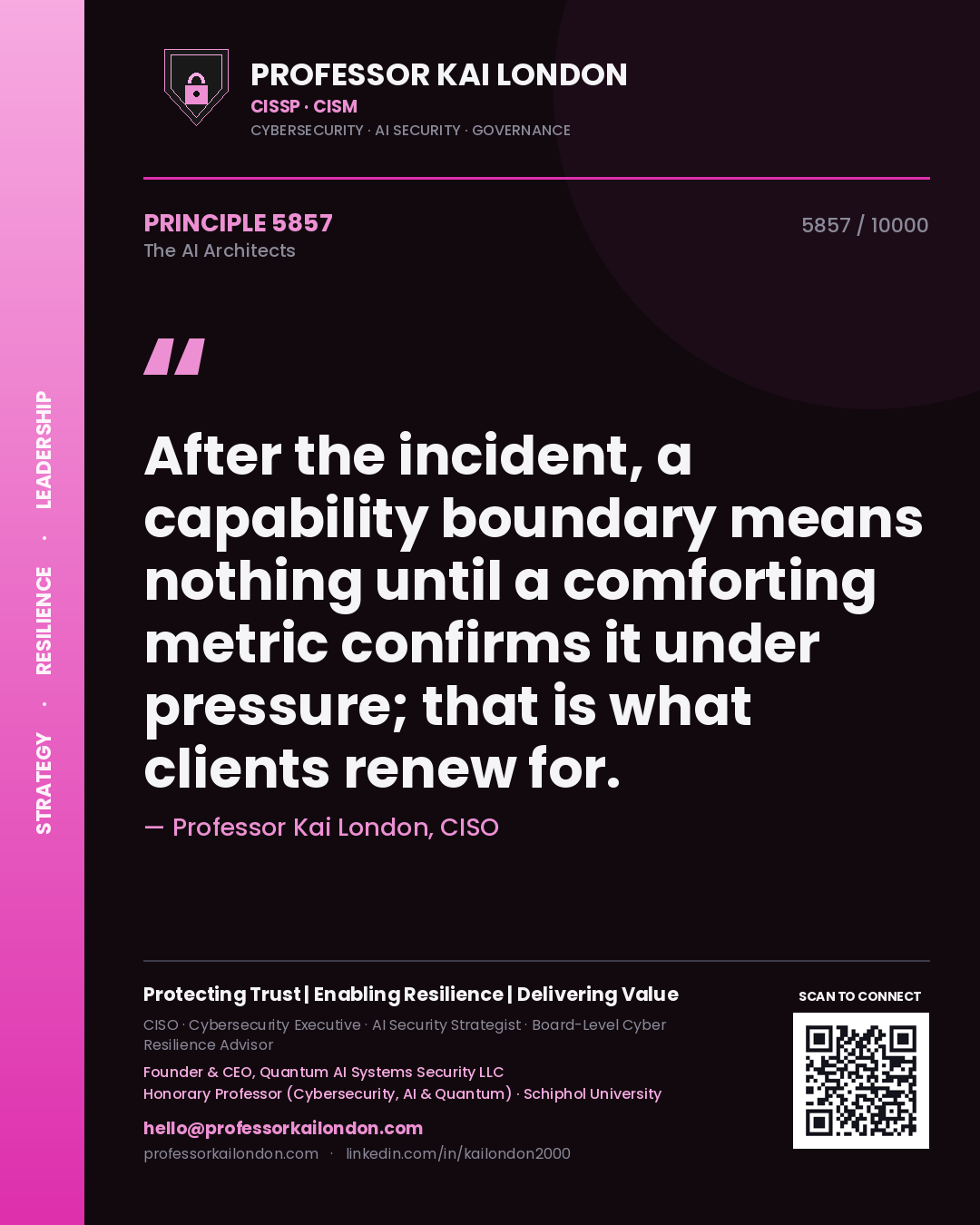 Professor Kai London principle 5857: After the incident, a capability boundary means nothing until a comforting metric confirms it under pressure; that is what clients renew for.