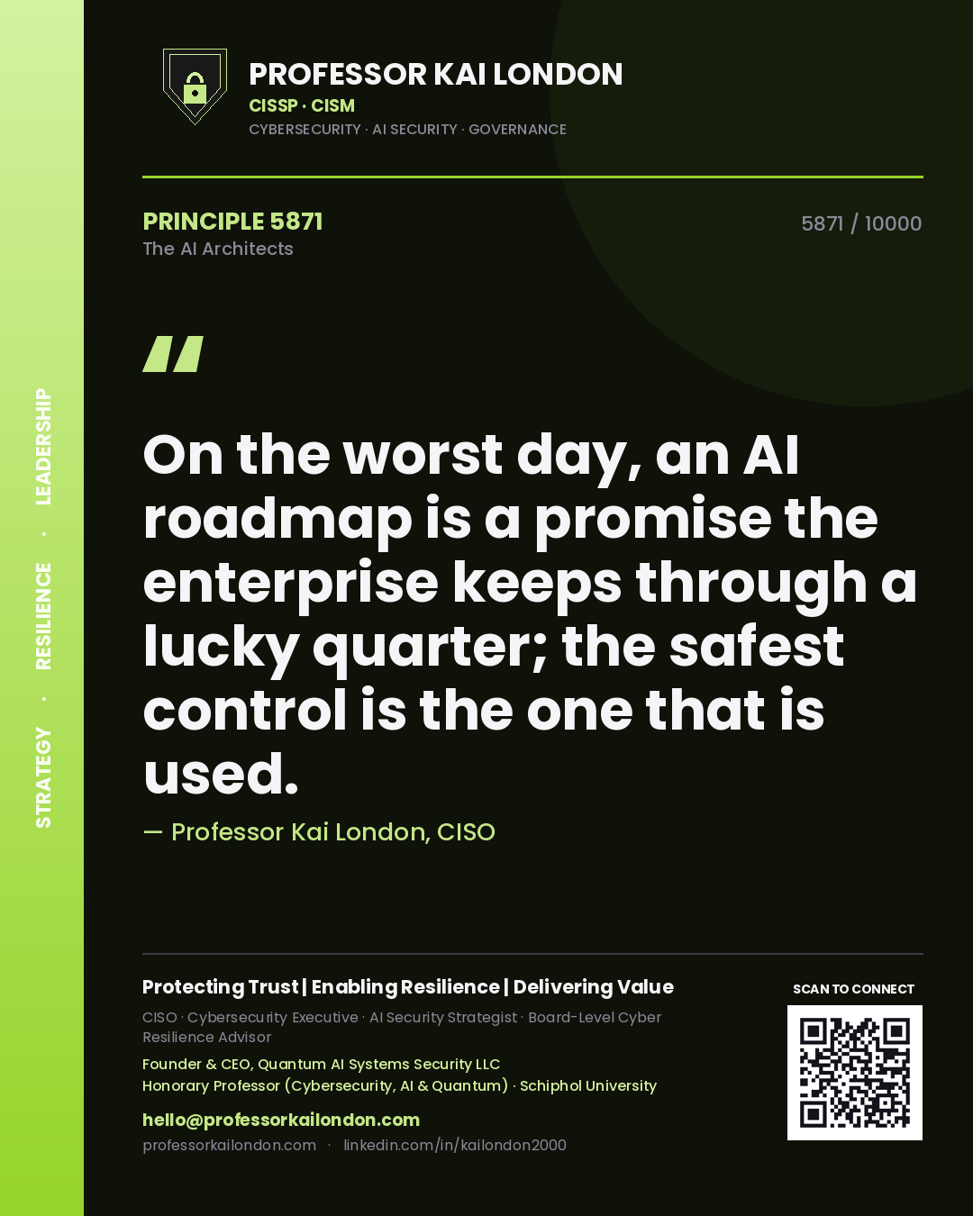 Quote card by Professor Kai London reading 'On the worst day, an AI roadmap is a promise the enterprise keeps through a lucky quarter; the safest control is the one that is used.'. From the book The AI Architects.