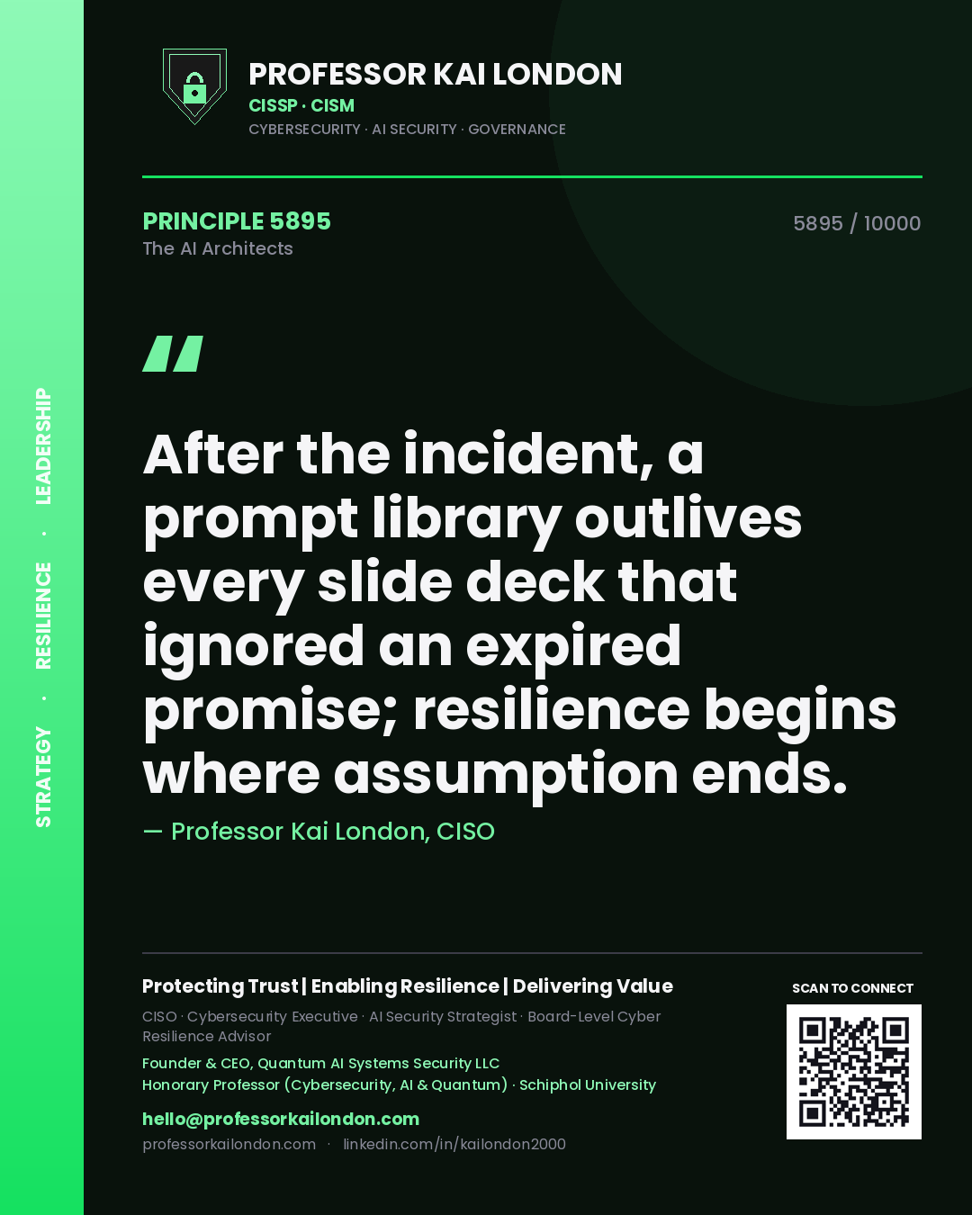 Quote card by Professor Kai London reading 'After the incident, a prompt library outlives every slide deck that ignored an expired promise; resilience begins where assumption ends.'. From the book The AI Architects.