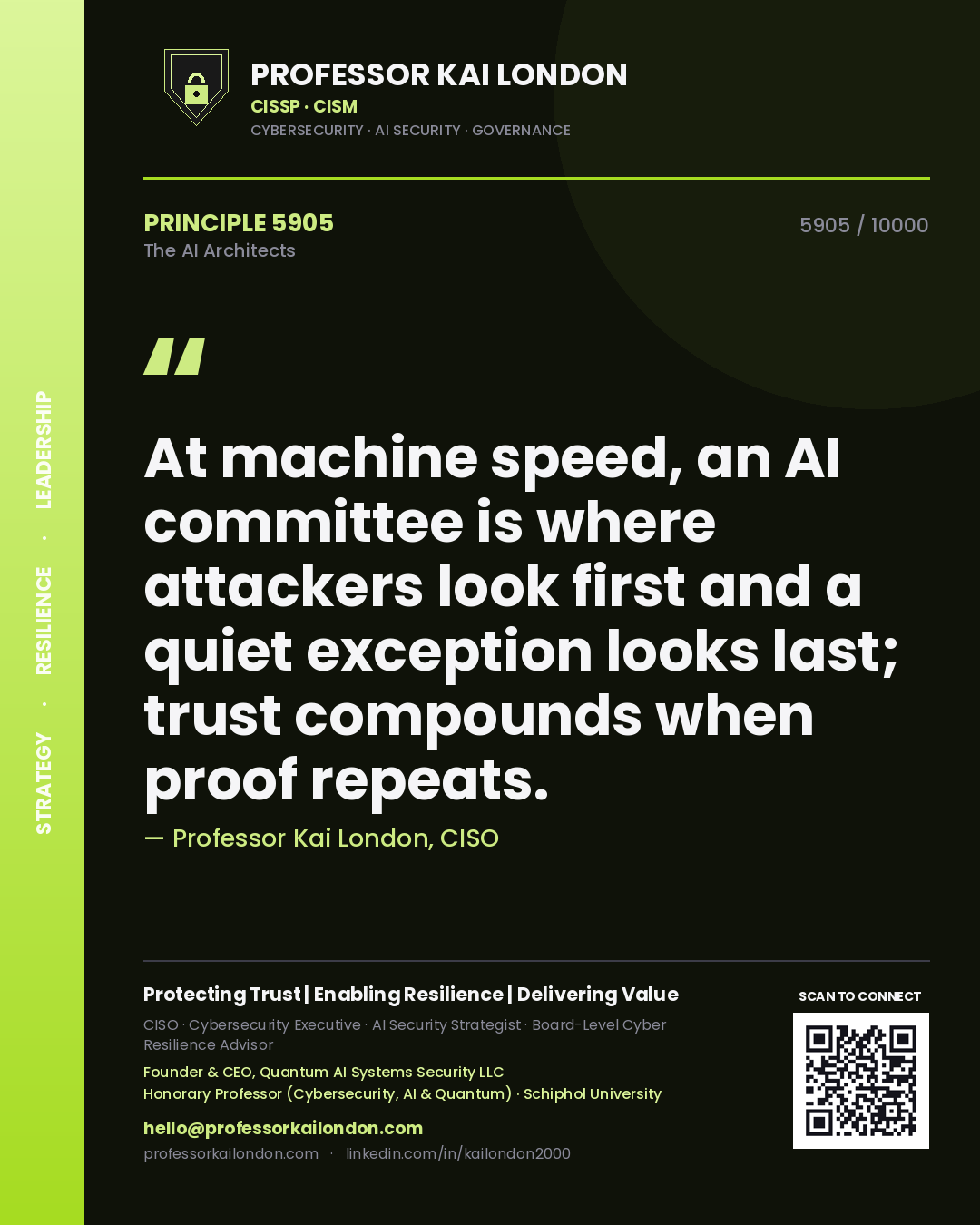 Quote card by Professor Kai London reading 'At machine speed, an AI committee is where attackers look first and a quiet exception looks last; trust compounds when proof repeats.'. From the book The AI Architects.