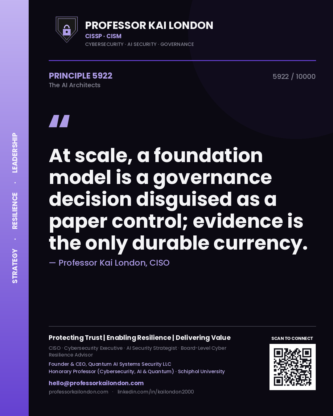 Quote card by Professor Kai London reading 'At scale, a foundation model is a governance decision disguised as a paper control; evidence is the only durable currency.'. From the book The AI Architects.