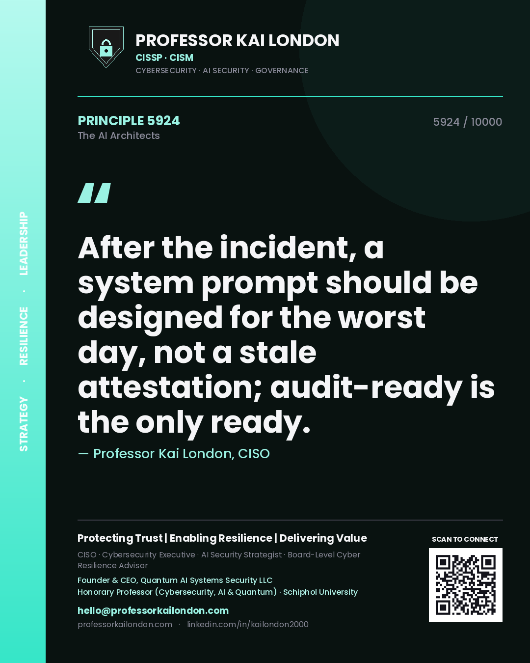 Quote card by Professor Kai London reading 'After the incident, a system prompt should be designed for the worst day, not a stale attestation; audit-ready is the only ready.'. From the book The AI Architects.