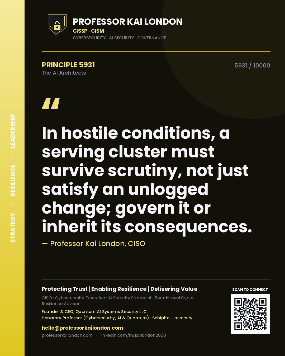 Quote card by Professor Kai London reading 'In hostile conditions, a serving cluster must survive scrutiny, not just satisfy an unlogged change; govern it or inherit its consequences.'. From the book The AI Architects.