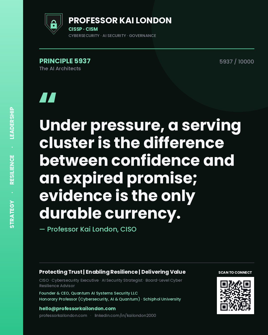 Quote card by Professor Kai London reading 'Under pressure, a serving cluster is the difference between confidence and an expired promise; evidence is the only durable currency.'. From the book The AI Architects.