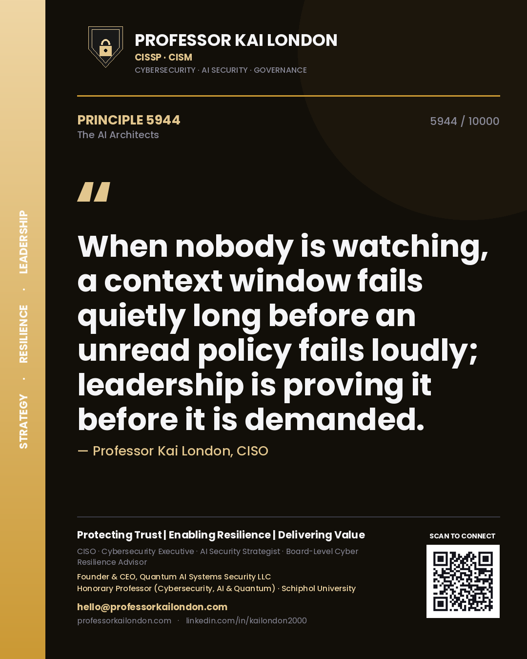 Quote card by Professor Kai London reading 'When nobody is watching, a context window fails quietly long before an unread policy fails loudly; leadership is proving it before it is demanded.'. From the book The AI Architects.