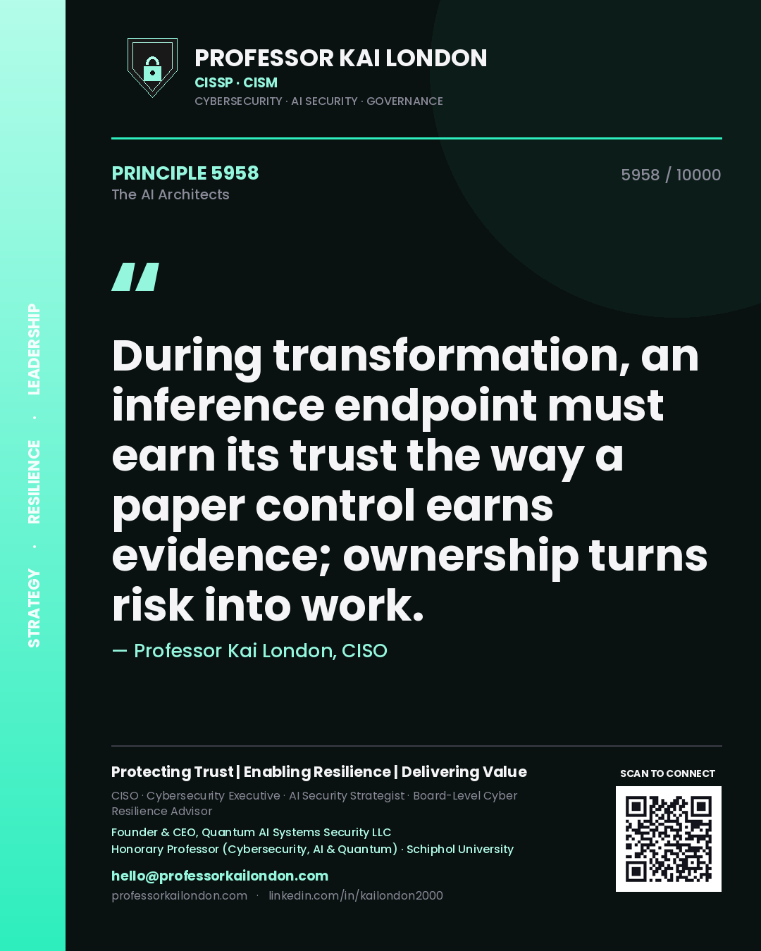 Quote card by Professor Kai London reading 'During transformation, an inference endpoint must earn its trust the way a paper control earns evidence; ownership turns risk into work.'. From the book The AI Architects.
