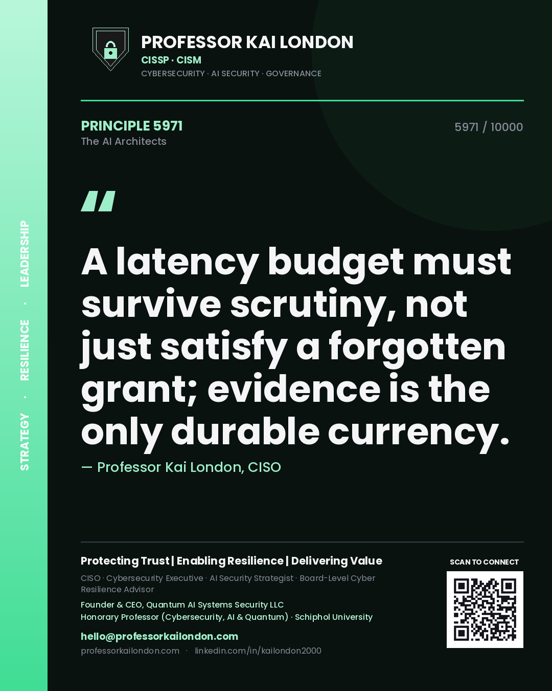 Quote card by Professor Kai London reading 'A latency budget must survive scrutiny, not just satisfy a forgotten grant; evidence is the only durable currency.'. From the book The AI Architects.