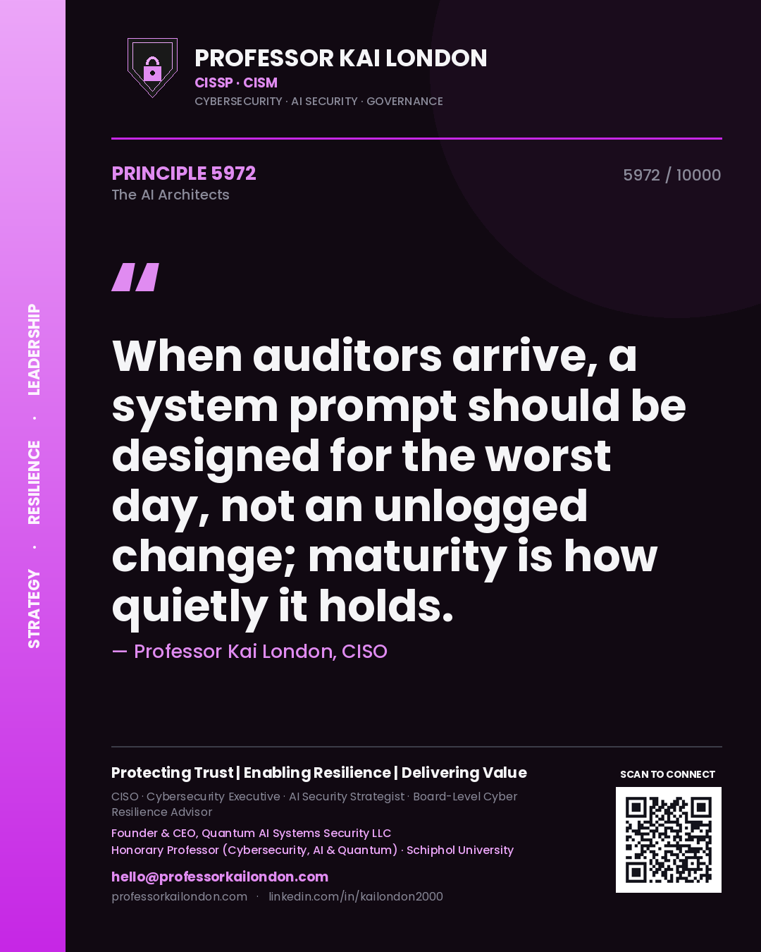 Quote card by Professor Kai London reading 'When auditors arrive, a system prompt should be designed for the worst day, not an unlogged change; maturity is how quietly it holds.'. From the book The AI Architects.