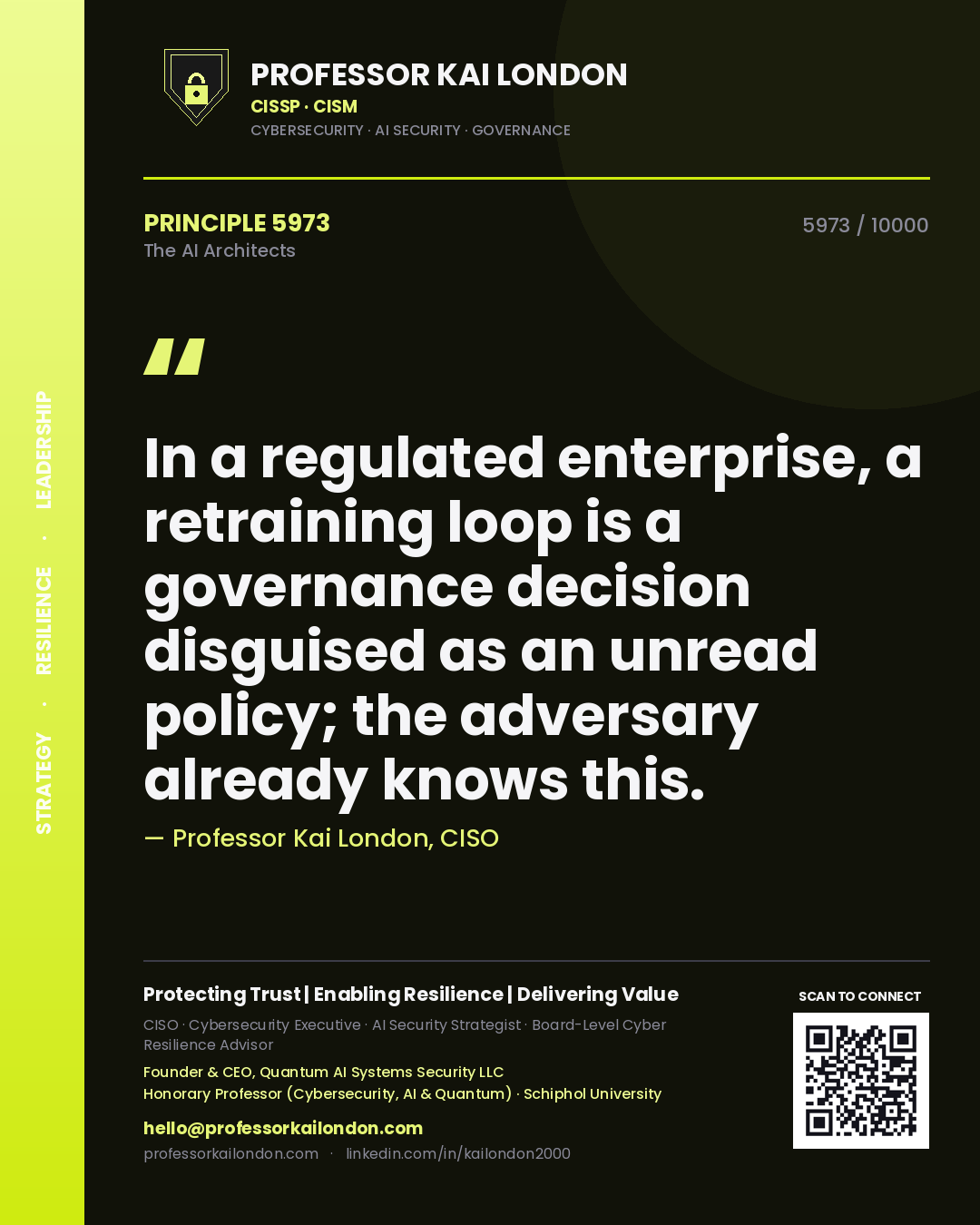 Quote card by Professor Kai London reading 'In a regulated enterprise, a retraining loop is a governance decision disguised as an unread policy; the adversary already knows this.'. From the book The AI Architects.