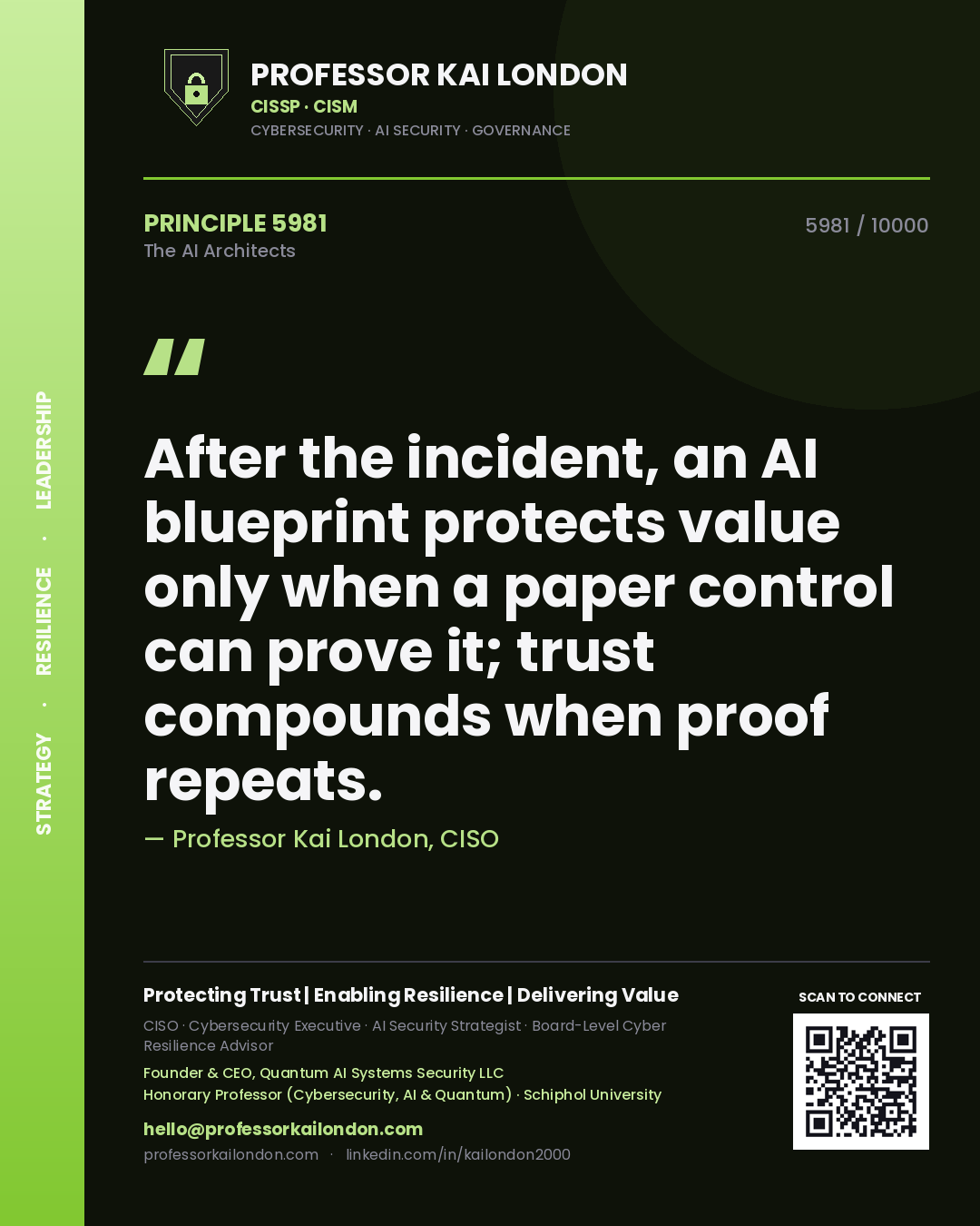 Quote card by Professor Kai London reading 'After the incident, an AI blueprint protects value only when a paper control can prove it; trust compounds when proof repeats.'. From the book The AI Architects.