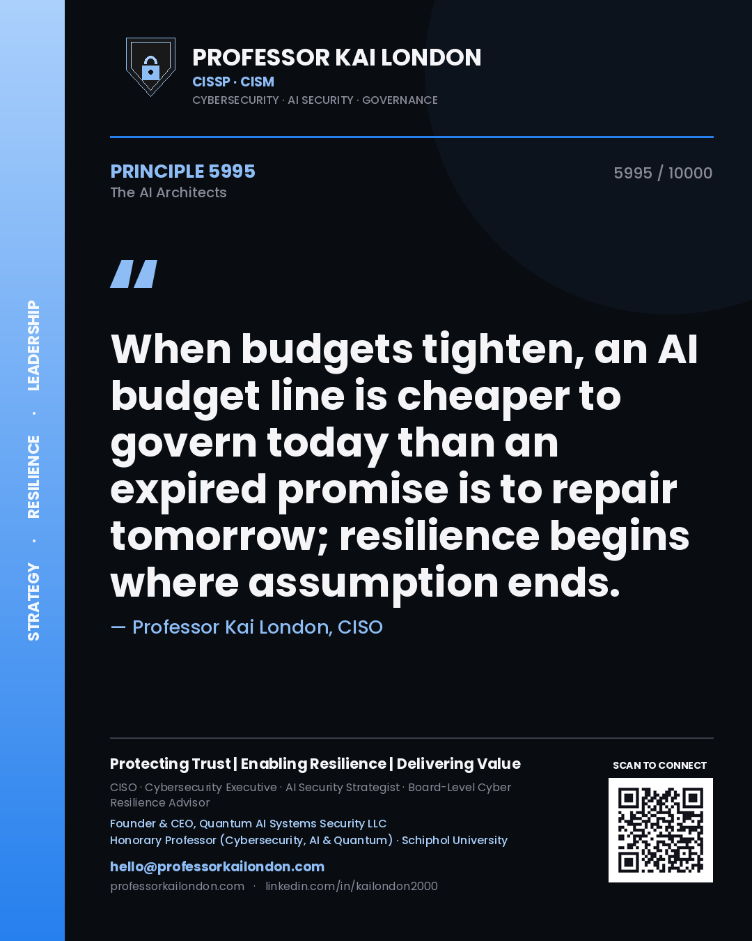 Quote card by Professor Kai London reading 'When budgets tighten, an AI budget line is cheaper to govern today than an expired promise is to repair tomorrow; resilience begins where assumption ends.'. From the book The AI Architects.