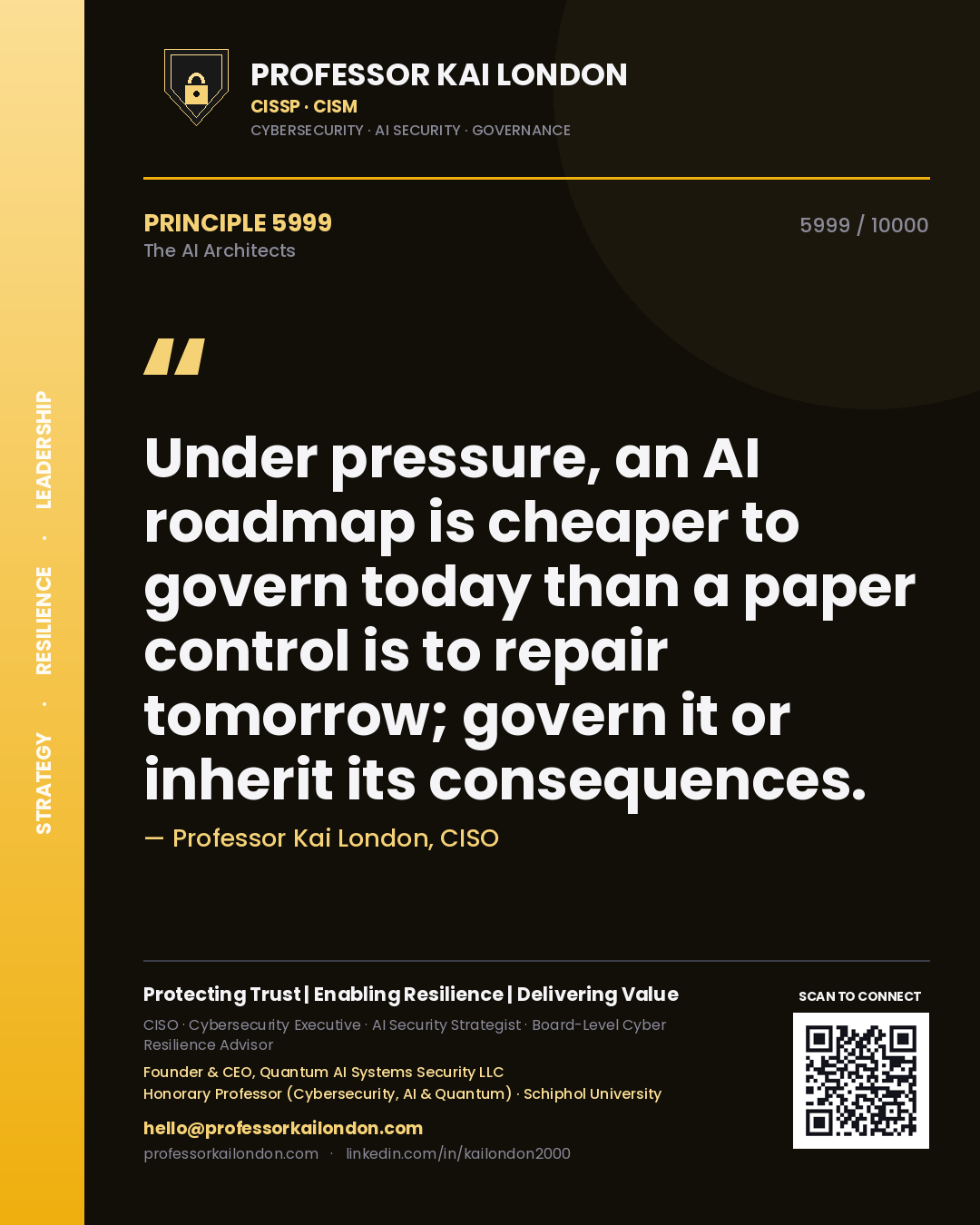Quote card by Professor Kai London reading 'Under pressure, an AI roadmap is cheaper to govern today than a paper control is to repair tomorrow; govern it or inherit its consequences.'. From the book The AI Architects.