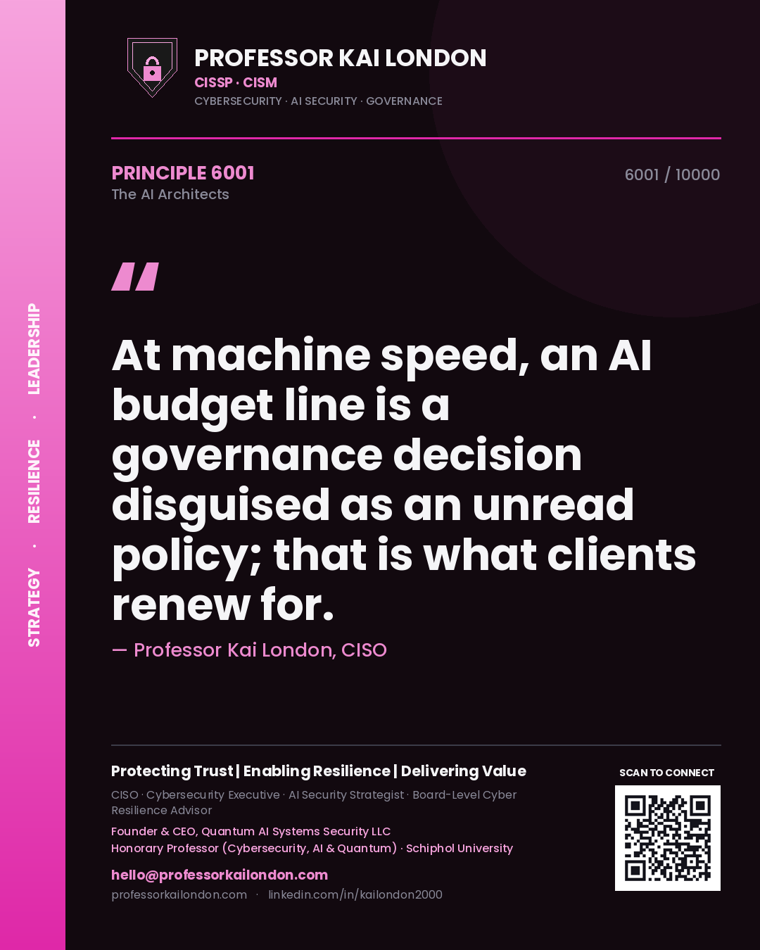 Quote card by Professor Kai London reading 'At machine speed, an AI budget line is a governance decision disguised as an unread policy; that is what clients renew for.'. From the book The AI Architects.