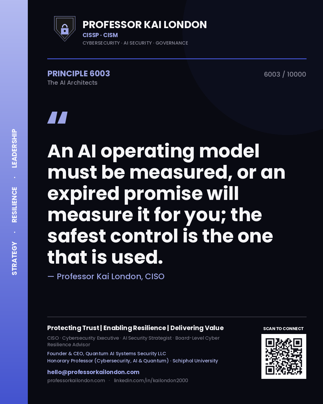 Quote card by Professor Kai London reading 'An AI operating model must be measured, or an expired promise will measure it for you; the safest control is the one that is used.'. From the book The AI Architects.
