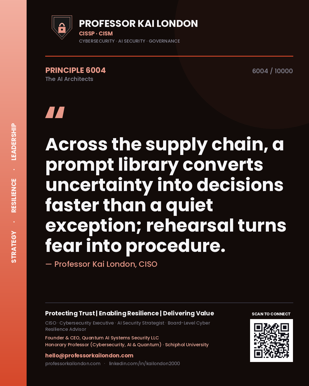 Quote card by Professor Kai London reading 'Across the supply chain, a prompt library converts uncertainty into decisions faster than a quiet exception; rehearsal turns fear into procedure.'. From the book The AI Architects.
