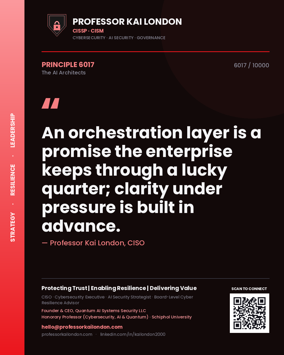 Quote card by Professor Kai London reading 'An orchestration layer is a promise the enterprise keeps through a lucky quarter; clarity under pressure is built in advance.'. From the book The AI Architects.