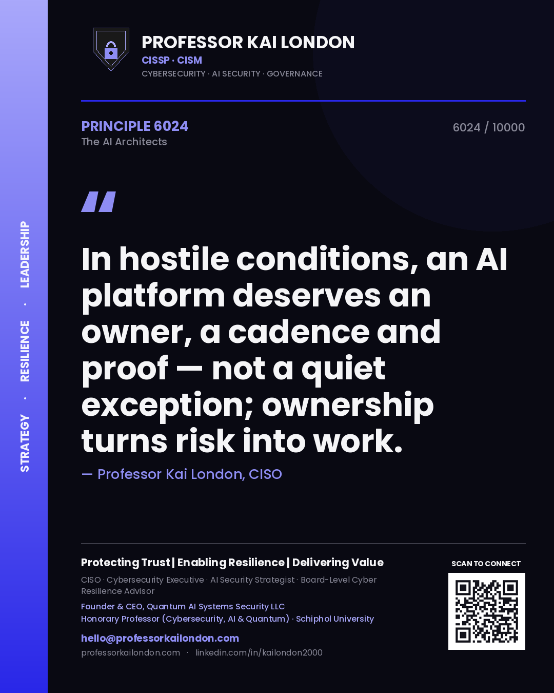 Quote card by Professor Kai London reading 'In hostile conditions, an AI platform deserves an owner, a cadence and proof — not a quiet exception; ownership turns risk into work.'. From the book The AI Architects.