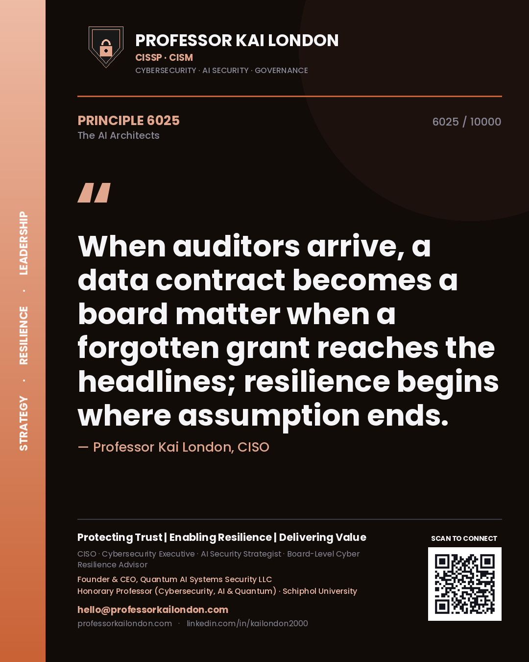 Quote card by Professor Kai London reading 'When auditors arrive, a data contract becomes a board matter when a forgotten grant reaches the headlines; resilience begins where assumption ends.'. From the book The AI Architects.