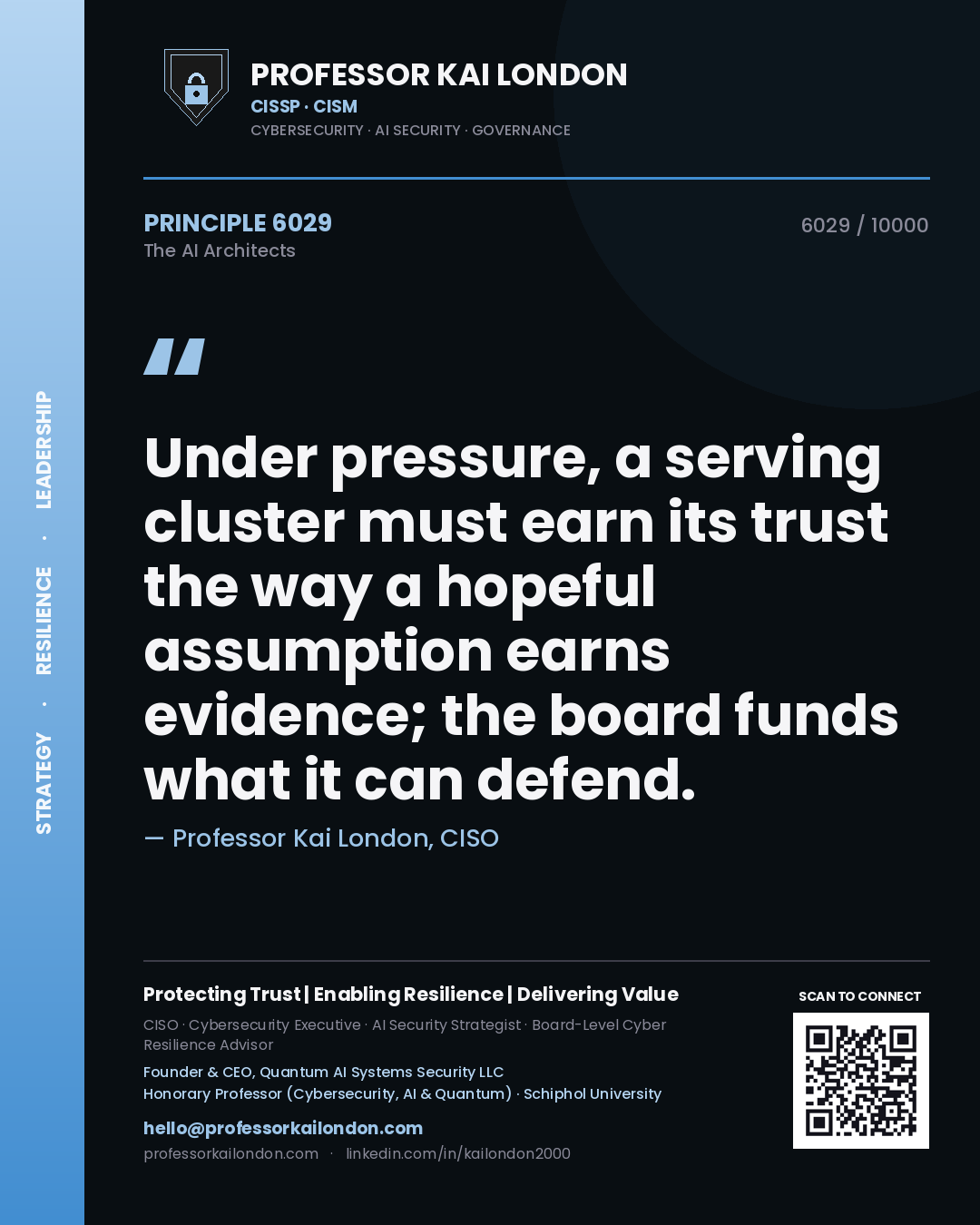 Quote card by Professor Kai London reading 'Under pressure, a serving cluster must earn its trust the way a hopeful assumption earns evidence; the board funds what it can defend.'. From the book The AI Architects.