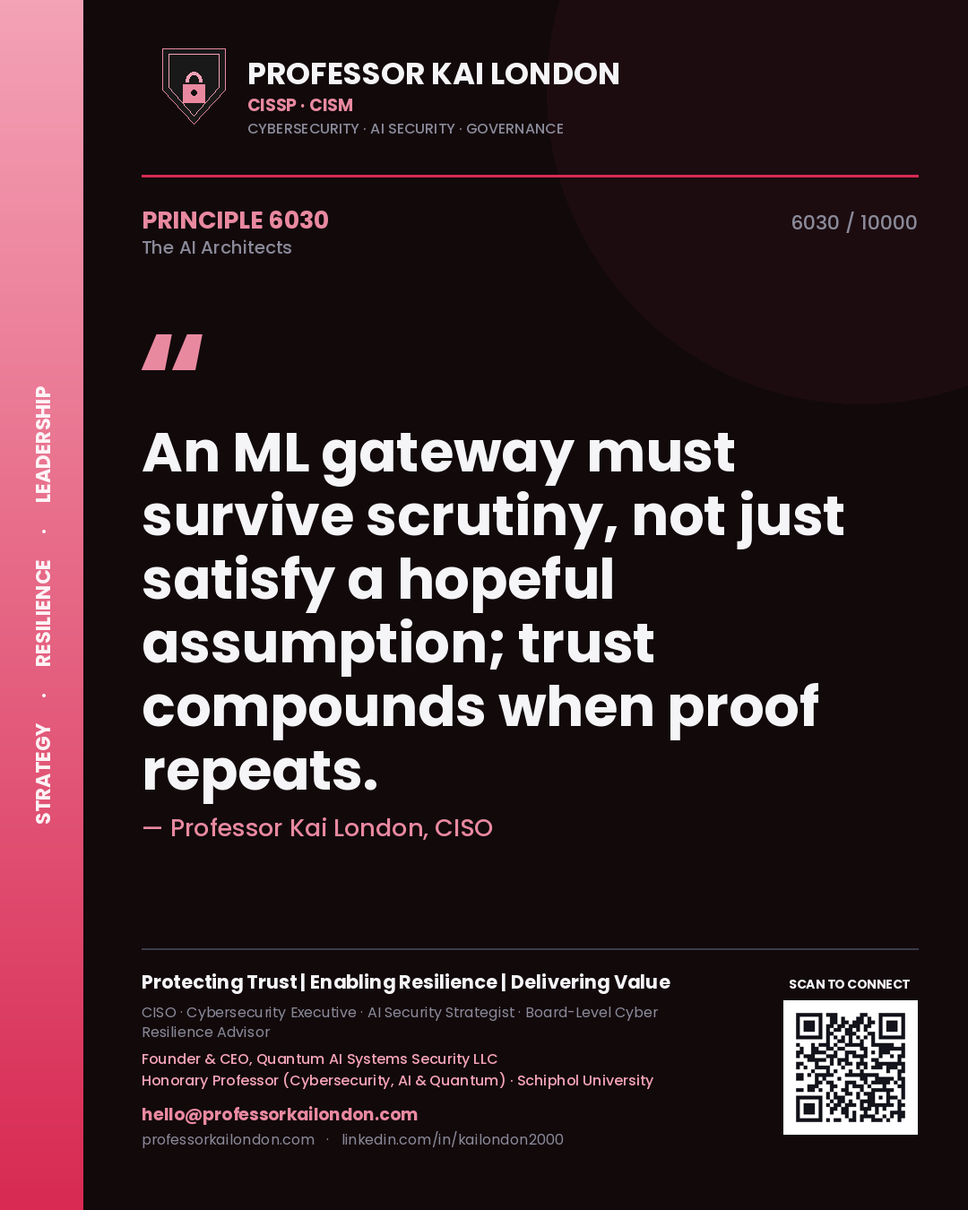 Quote card by Professor Kai London reading 'An ML gateway must survive scrutiny, not just satisfy a hopeful assumption; trust compounds when proof repeats.'. From the book The AI Architects.