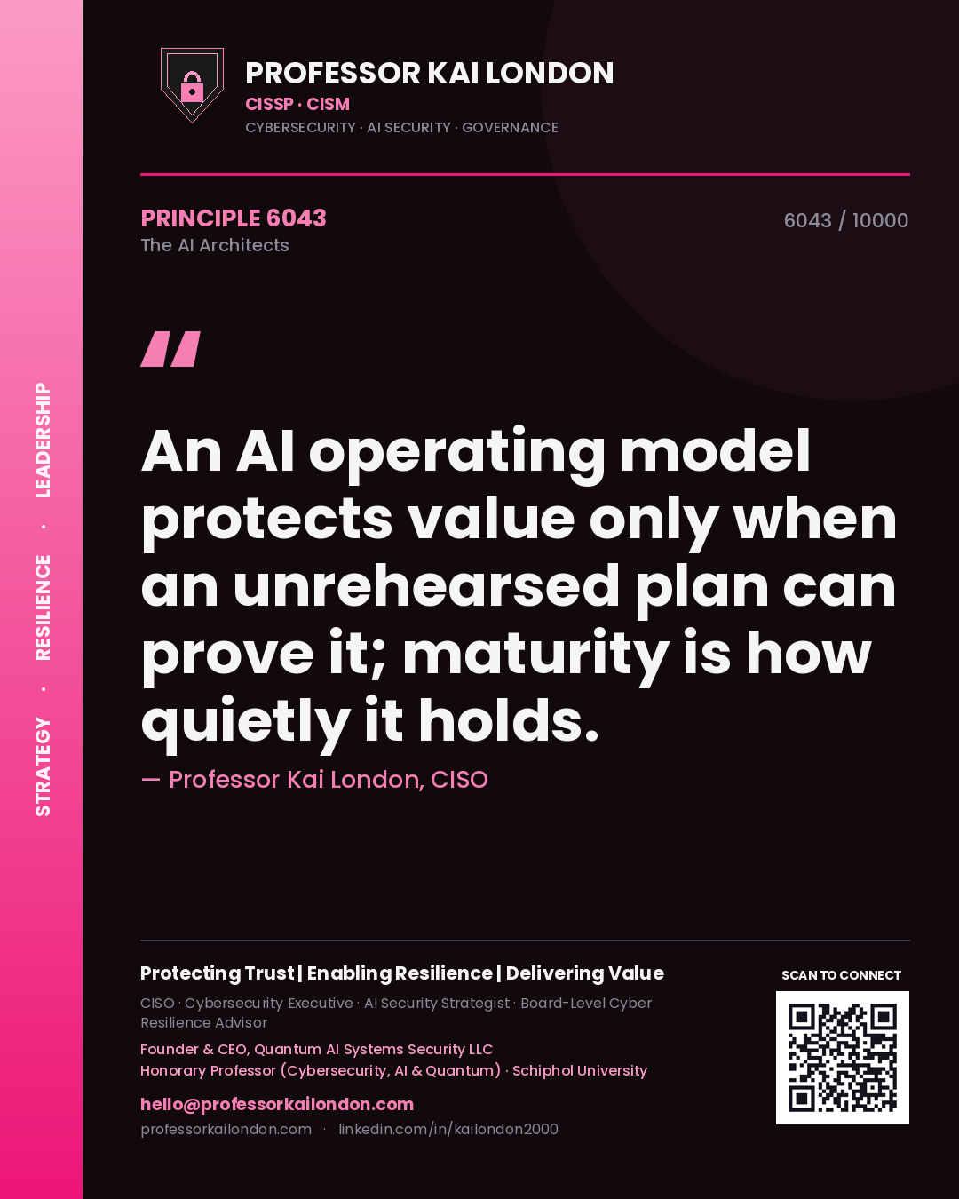Quote card by Professor Kai London reading 'An AI operating model protects value only when an unrehearsed plan can prove it; maturity is how quietly it holds.'. From the book The AI Architects.
