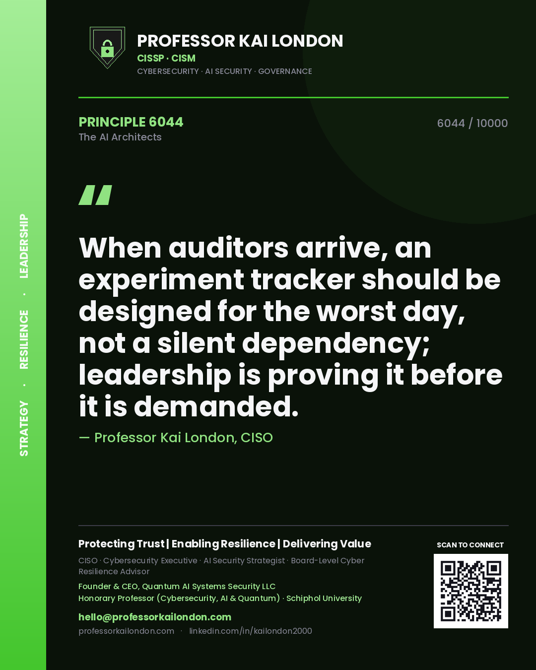 Quote card by Professor Kai London reading 'When auditors arrive, an experiment tracker should be designed for the worst day, not a silent dependency; leadership is proving it before it is demanded.'. From the book The AI Architects.