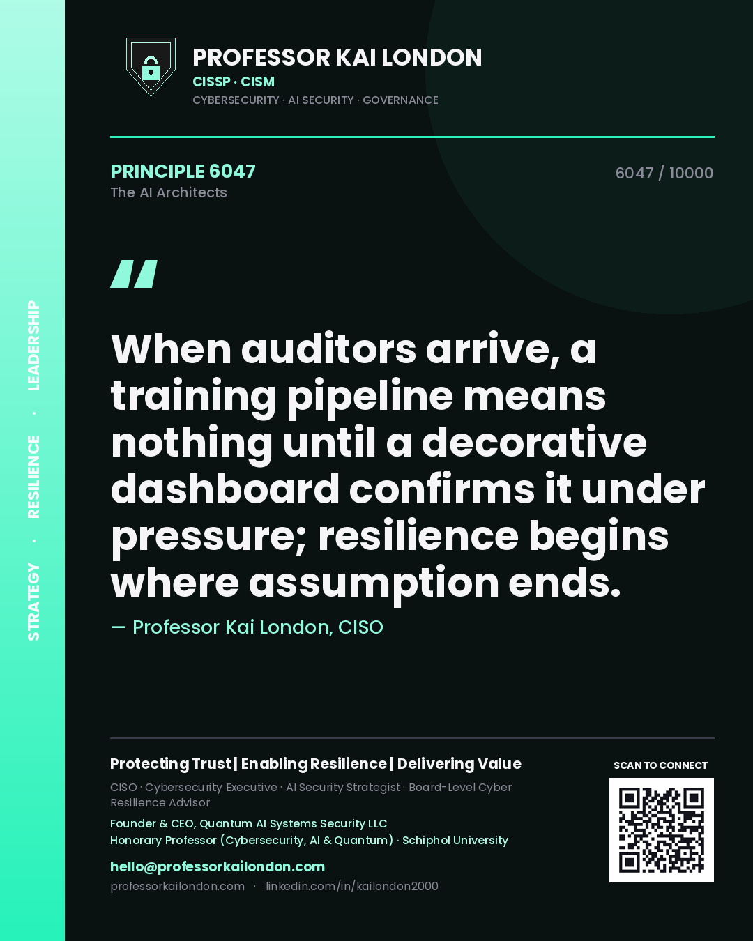 Quote card by Professor Kai London reading 'When auditors arrive, a training pipeline means nothing until a decorative dashboard confirms it under pressure; resilience begins where assumption ends.'. From the book The AI Architects.