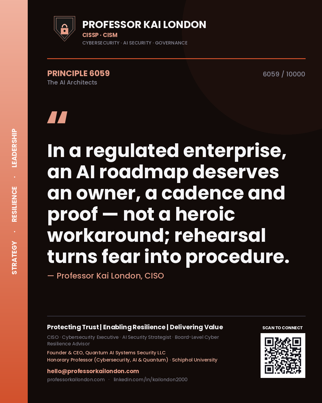 Quote card by Professor Kai London reading 'In a regulated enterprise, an AI roadmap deserves an owner, a cadence and proof — not a heroic workaround; rehearsal turns fear into procedure.'. From the book The AI Architects.