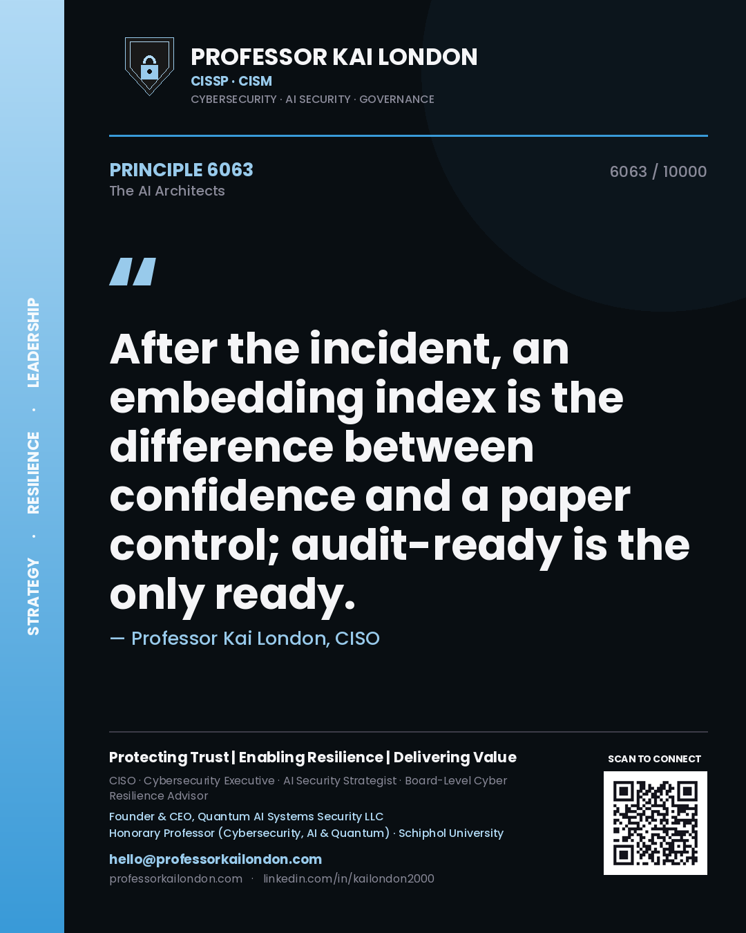 Quote card by Professor Kai London reading 'After the incident, an embedding index is the difference between confidence and a paper control; audit-ready is the only ready.'. From the book The AI Architects.