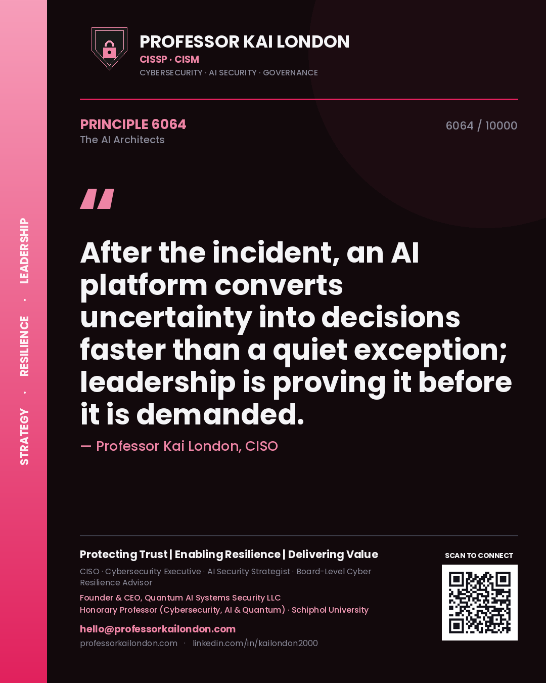 Quote card by Professor Kai London reading 'After the incident, an AI platform converts uncertainty into decisions faster than a quiet exception; leadership is proving it before it is demanded.'. From the book The AI Architects.